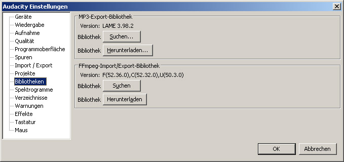 Einrichten Exportfunktion für MP3 (Lame) oder andere Audioformate (FFmpeg)