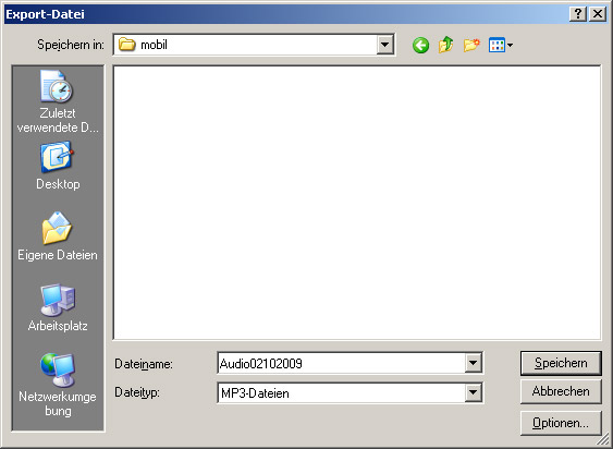 Export nach MP3 (Einstellungen unter Optionen...)